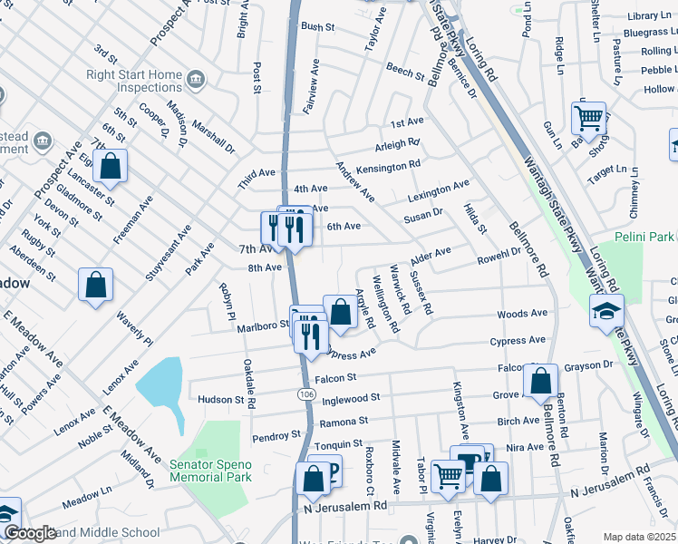 map of restaurants, bars, coffee shops, grocery stores, and more near 371 Star Street in East Meadow