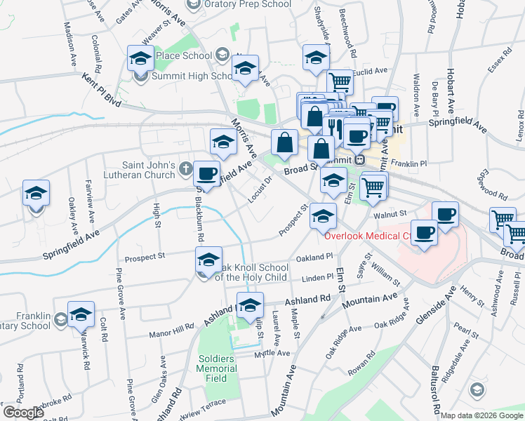 map of restaurants, bars, coffee shops, grocery stores, and more near 26 Locust Drive in Summit