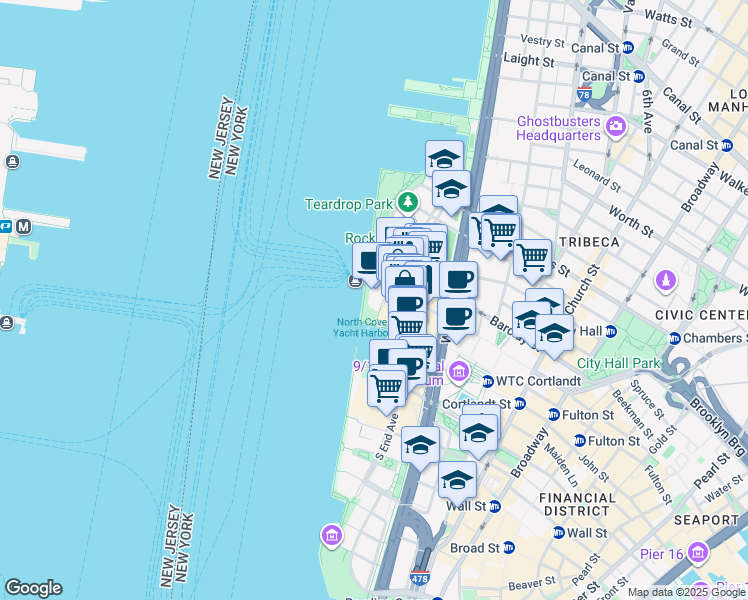 map of restaurants, bars, coffee shops, grocery stores, and more near 300 Vesey Street in New York