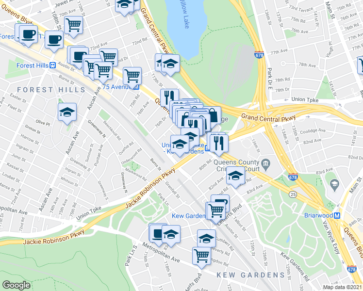 map of restaurants, bars, coffee shops, grocery stores, and more near 78-20 Kew Forest Lane in Queens