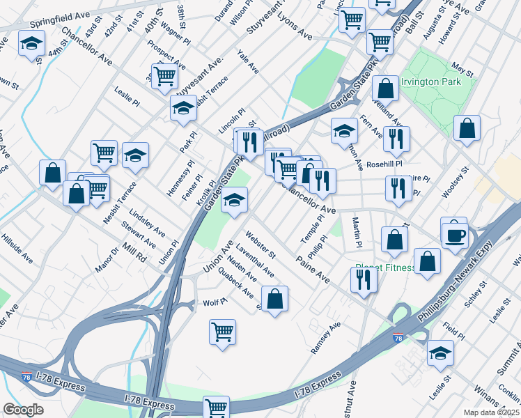 map of restaurants, bars, coffee shops, grocery stores, and more near 419 Union Avenue in Irvington