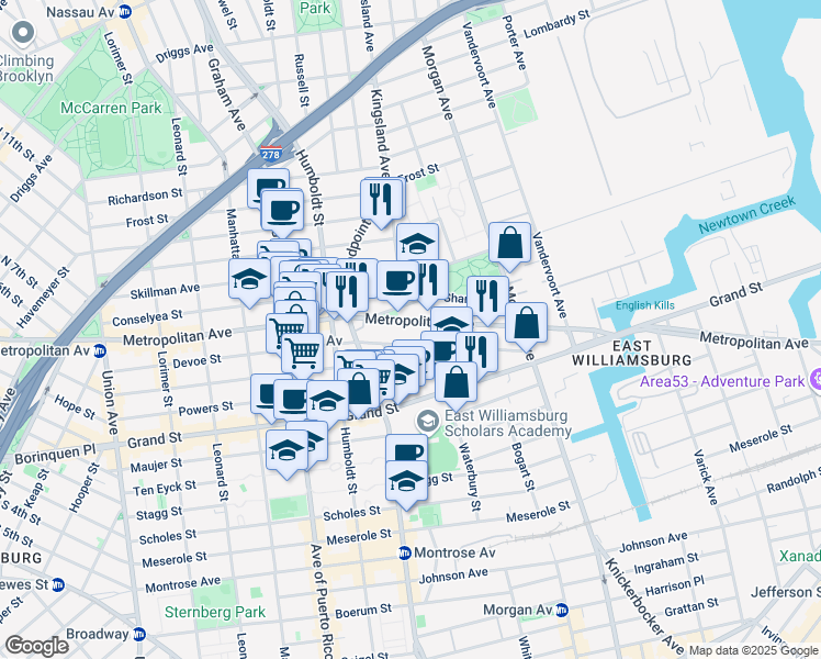 map of restaurants, bars, coffee shops, grocery stores, and more near 890 Metropolitan Avenue in Brooklyn