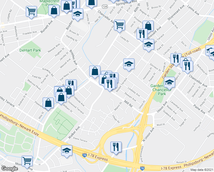 map of restaurants, bars, coffee shops, grocery stores, and more near 1060 Stuyvesant Avenue in Irvington