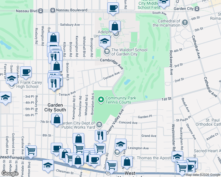 map of restaurants, bars, coffee shops, grocery stores, and more near 22 Lydia Lane in Garden City