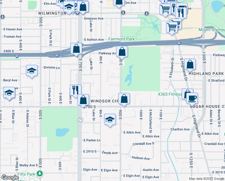 map of restaurants, bars, coffee shops, grocery stores, and more near 2588 900 East in Salt Lake City