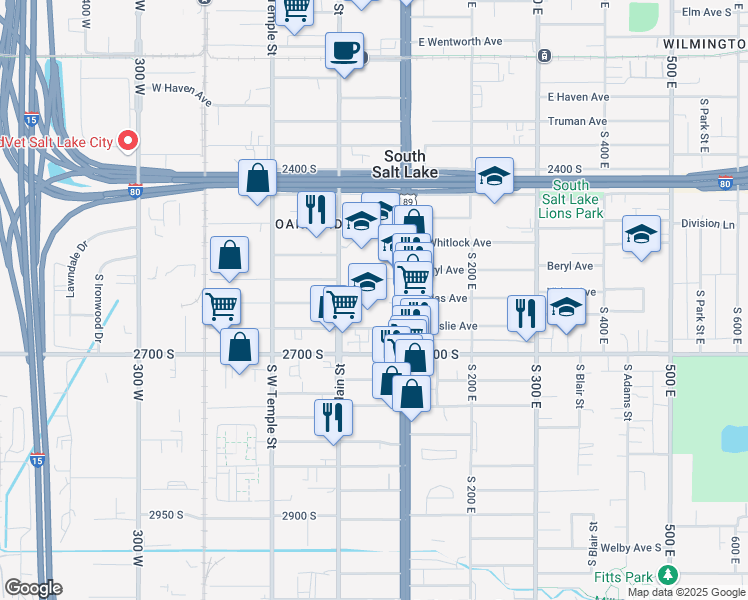 map of restaurants, bars, coffee shops, grocery stores, and more near 2567 Main Street in Salt Lake City