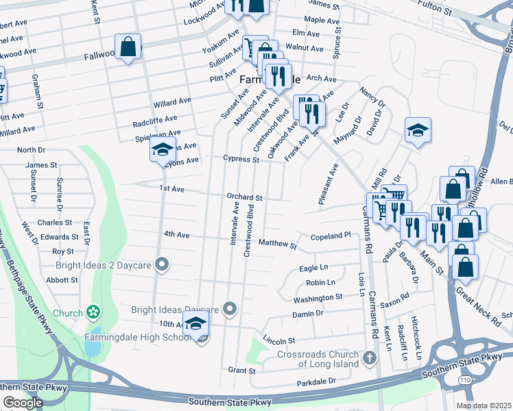 map of restaurants, bars, coffee shops, grocery stores, and more near 79 Crestwood Boulevard in Farmingdale