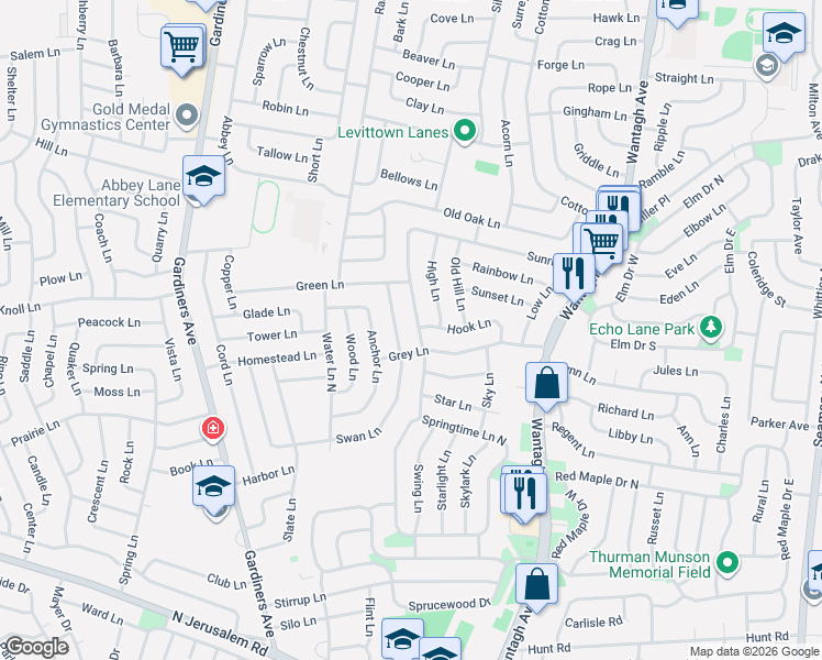 map of restaurants, bars, coffee shops, grocery stores, and more near 153 Sunrise Lane in Levittown