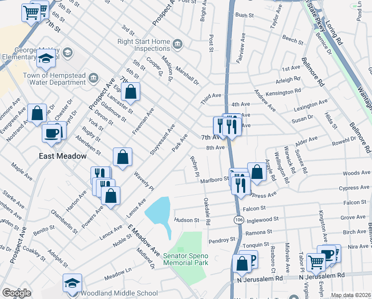 map of restaurants, bars, coffee shops, grocery stores, and more near 1995 Lenox Avenue in East Meadow