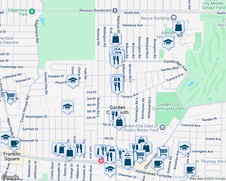 map of restaurants, bars, coffee shops, grocery stores, and more near 289 Euston Road South in Garden City