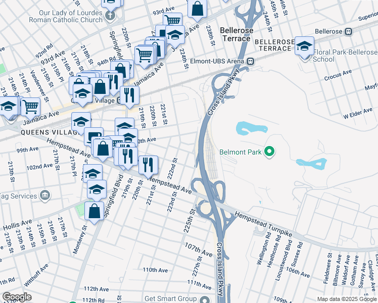 map of restaurants, bars, coffee shops, grocery stores, and more near 223-01 100th Drive in Queens