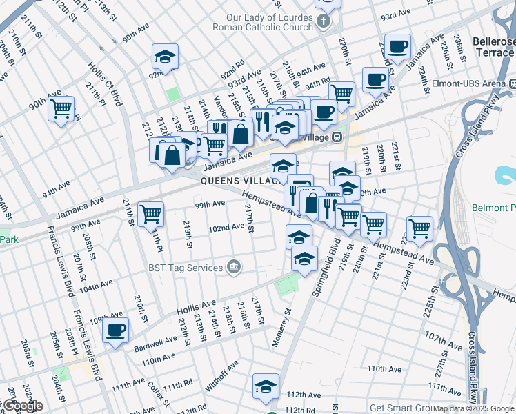 map of restaurants, bars, coffee shops, grocery stores, and more near 217-04 99th Avenue in Queens