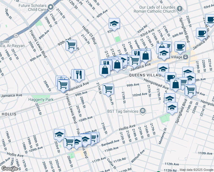 map of restaurants, bars, coffee shops, grocery stores, and more near 211-37 99th Avenue in Queens