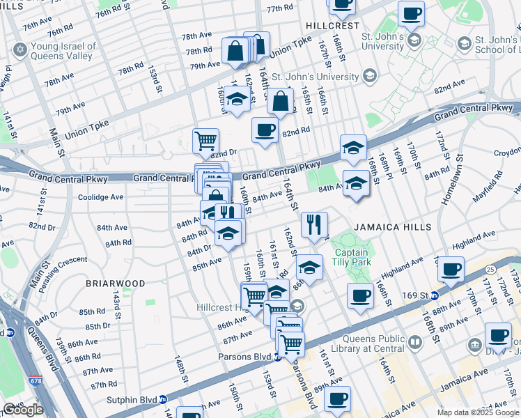 map of restaurants, bars, coffee shops, grocery stores, and more near 160-19 84th Road in Queens