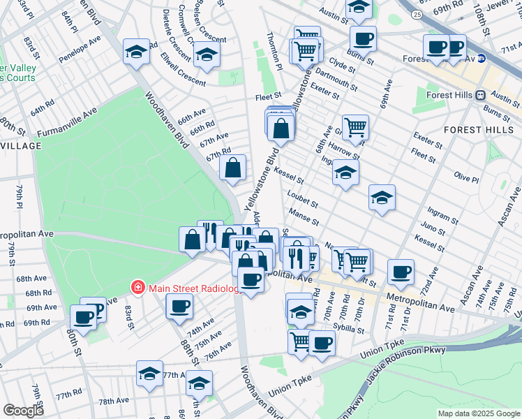 map of restaurants, bars, coffee shops, grocery stores, and more near 68-27 Alderton Street in Queens
