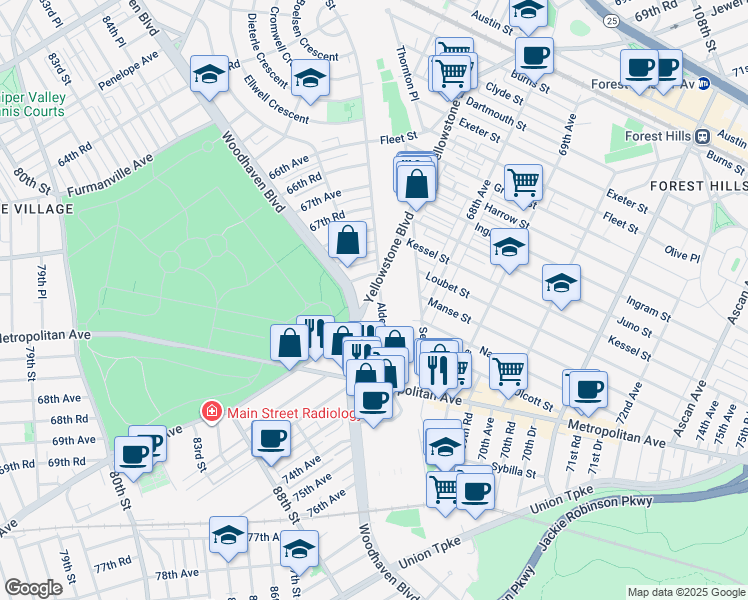 map of restaurants, bars, coffee shops, grocery stores, and more near 68-27 Alderton Street in Queens