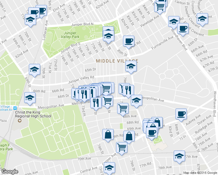 map of restaurants, bars, coffee shops, grocery stores, and more near 66th Road in Queens