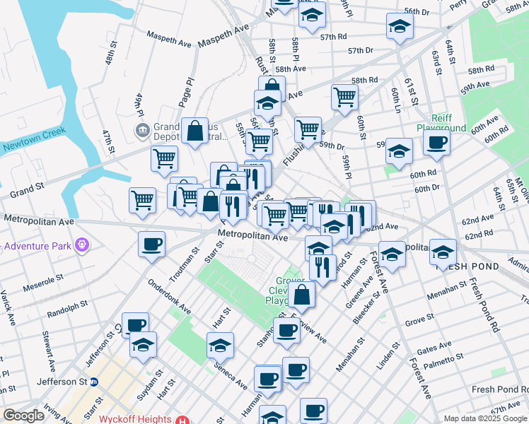 map of restaurants, bars, coffee shops, grocery stores, and more near 60-25 54th Street in Queens