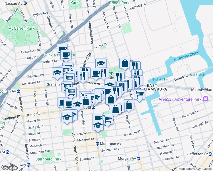map of restaurants, bars, coffee shops, grocery stores, and more near 928 Metropolitan Avenue in Brooklyn