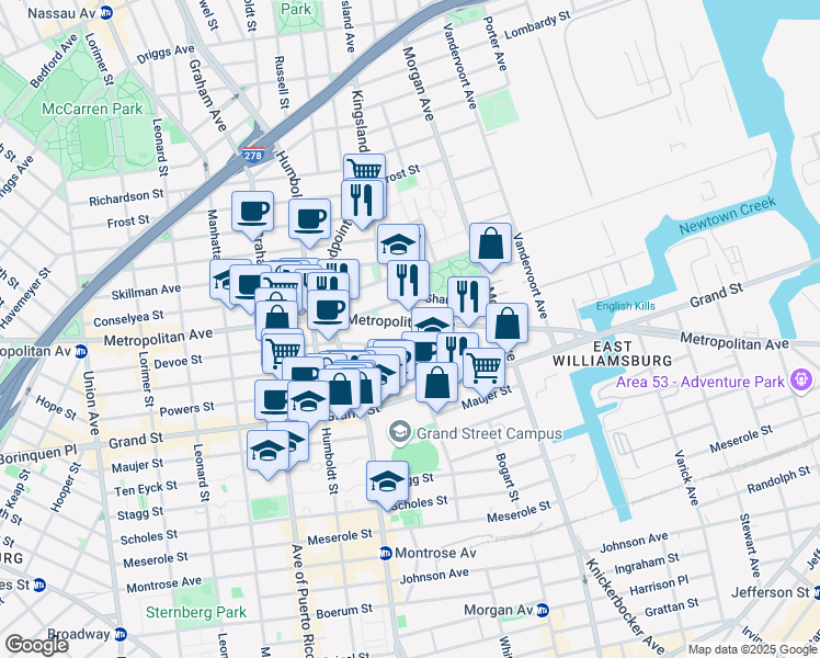 map of restaurants, bars, coffee shops, grocery stores, and more near 890 Metropolitan Avenue in Brooklyn