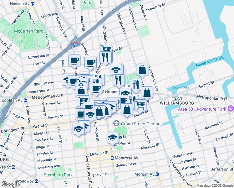 map of restaurants, bars, coffee shops, grocery stores, and more near 890 Metropolitan Avenue in Brooklyn