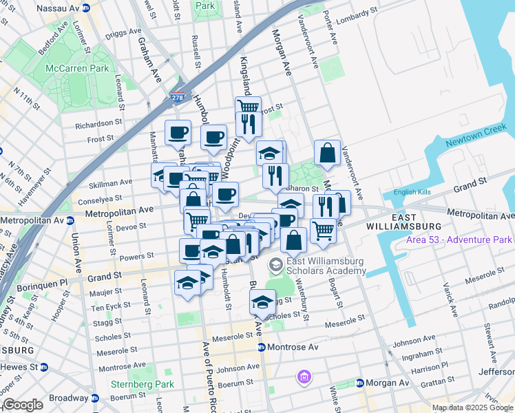 map of restaurants, bars, coffee shops, grocery stores, and more near 890 Metropolitan Avenue in Brooklyn