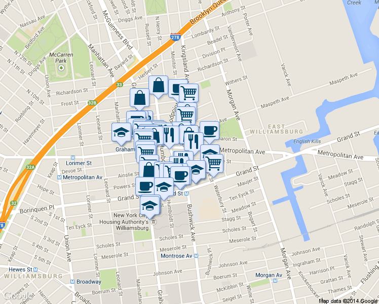 map of restaurants, bars, coffee shops, grocery stores, and more near in Brooklyn