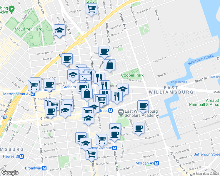 map of restaurants, bars, coffee shops, grocery stores, and more near 834 Metropolitan Avenue in Brooklyn