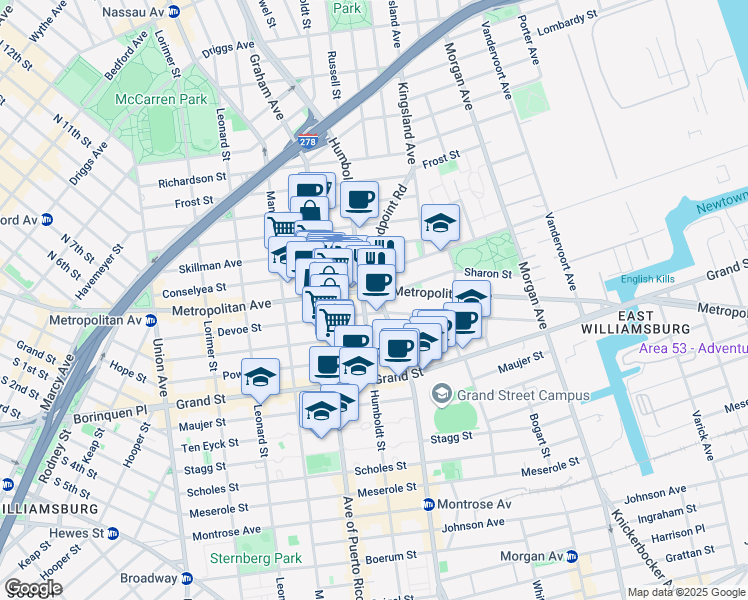 map of restaurants, bars, coffee shops, grocery stores, and more near 790 Metropolitan Avenue in Brooklyn