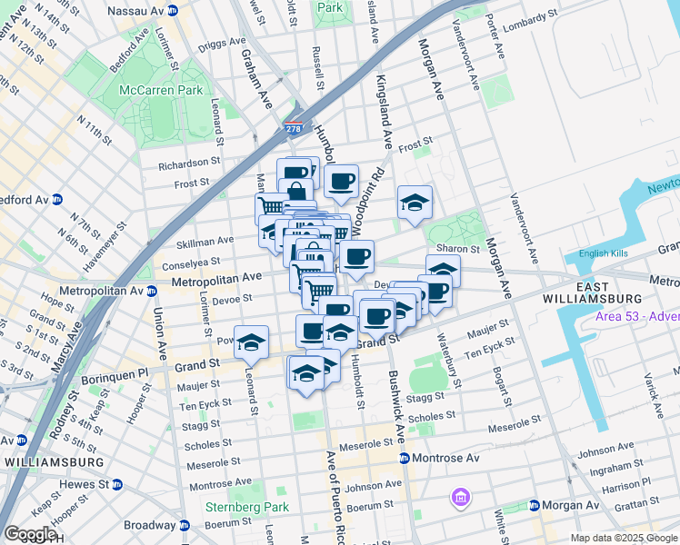 map of restaurants, bars, coffee shops, grocery stores, and more near 790 Metropolitan Avenue in Brooklyn