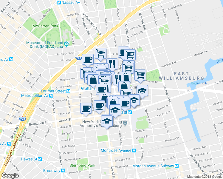 map of restaurants, bars, coffee shops, grocery stores, and more near 790 Metropolitan Avenue in Brooklyn