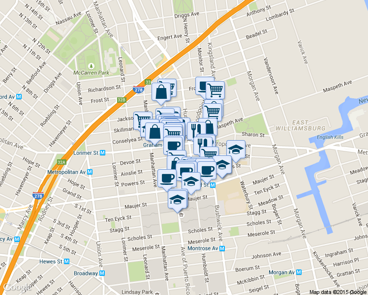map of restaurants, bars, coffee shops, grocery stores, and more near 790 Metropolitan Avenue in Brooklyn