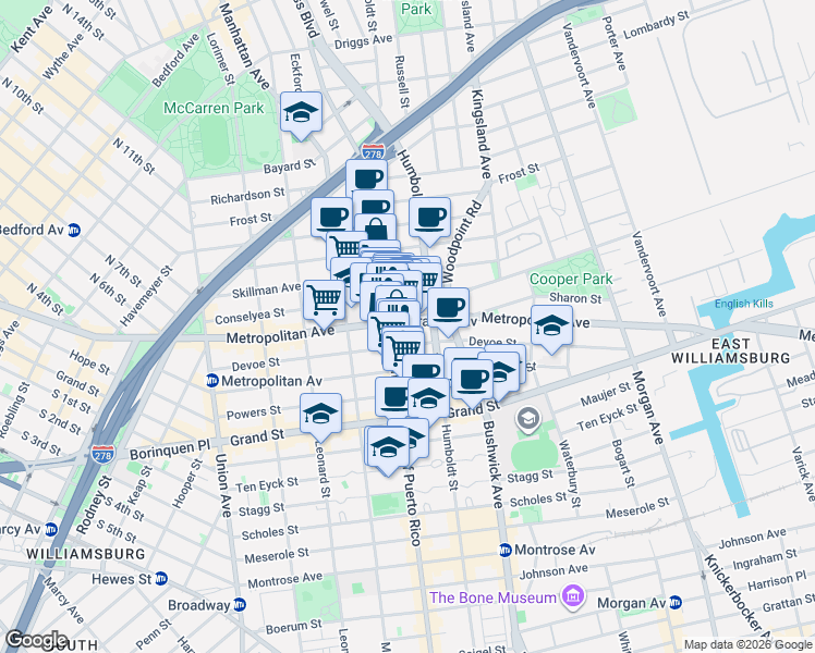 map of restaurants, bars, coffee shops, grocery stores, and more near 752 Metropolitan Avenue in Brooklyn