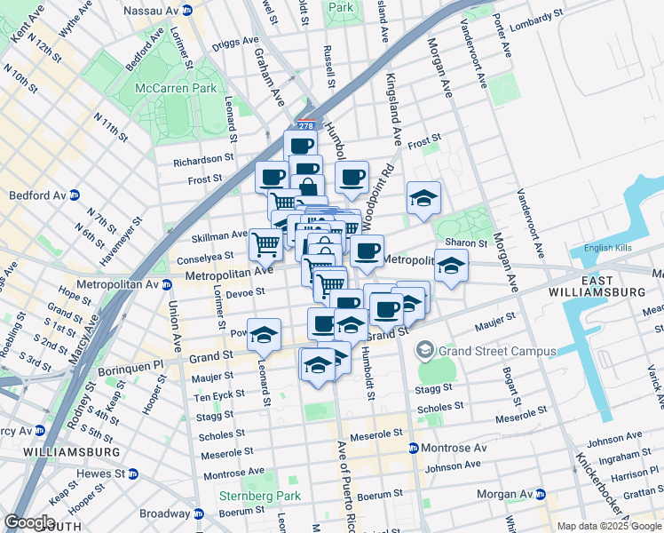 map of restaurants, bars, coffee shops, grocery stores, and more near 752 Metropolitan Avenue in Brooklyn