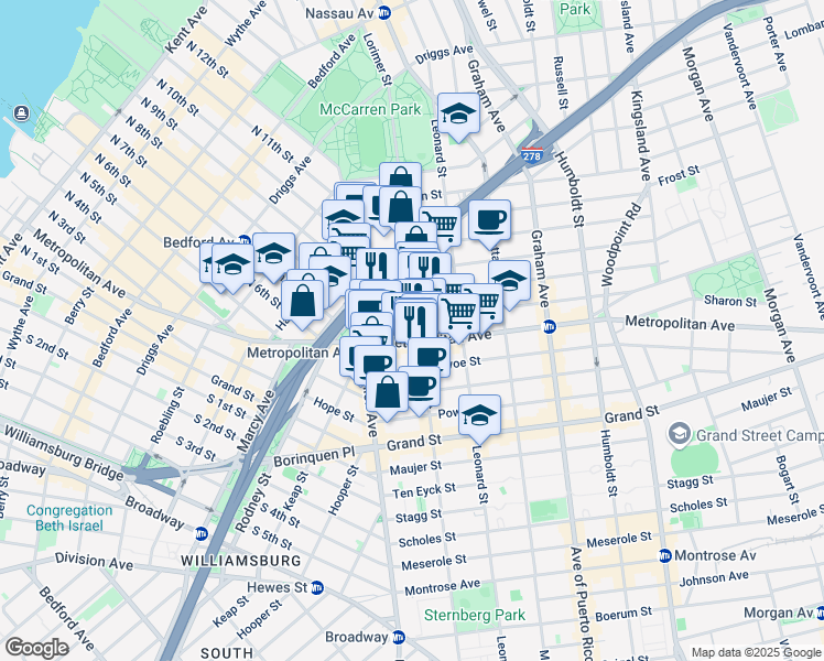 map of restaurants, bars, coffee shops, grocery stores, and more near 609 Lorimer Street in Brooklyn