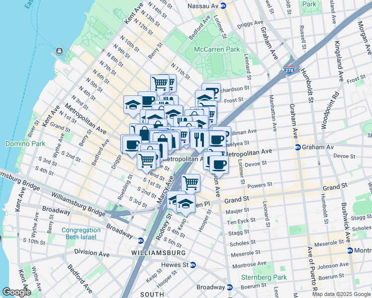 map of restaurants, bars, coffee shops, grocery stores, and more near 417-421 Metropolitan Avenue in Brooklyn