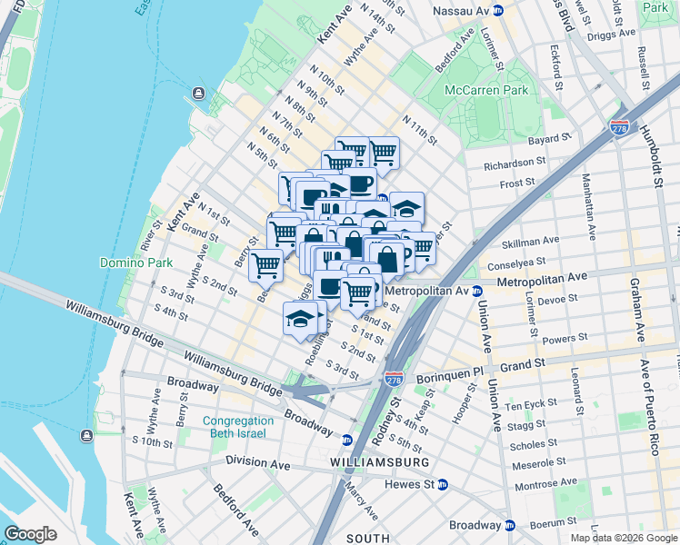 map of restaurants, bars, coffee shops, grocery stores, and more near 143 Roebling Street in Brooklyn