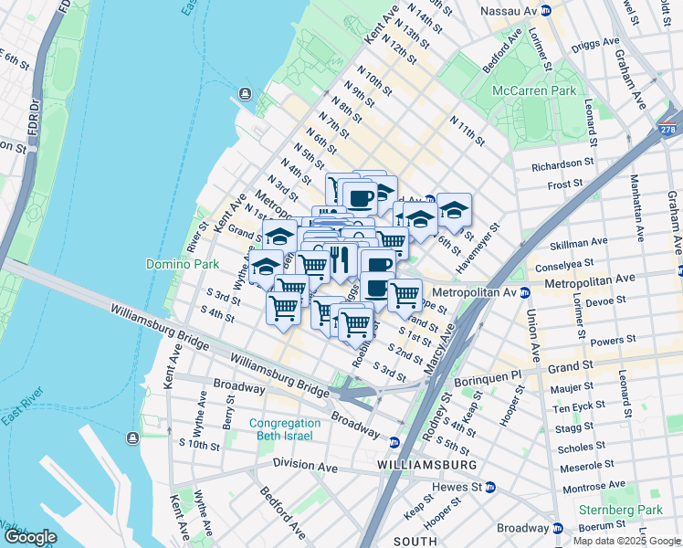 map of restaurants, bars, coffee shops, grocery stores, and more near 172 North 1st Street in Brooklyn