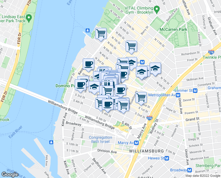 map of restaurants, bars, coffee shops, grocery stores, and more near 156 Grand Street in Brooklyn