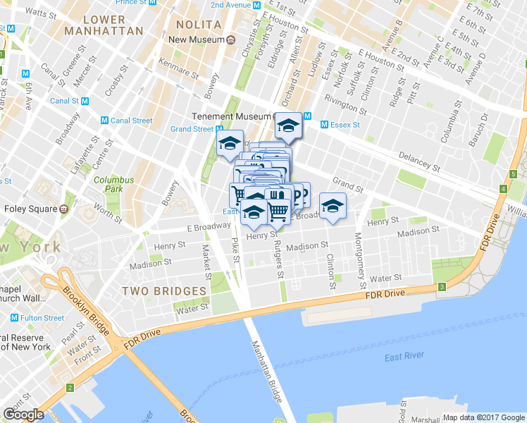 map of restaurants, bars, coffee shops, grocery stores, and more near 153 East Broadway in New York