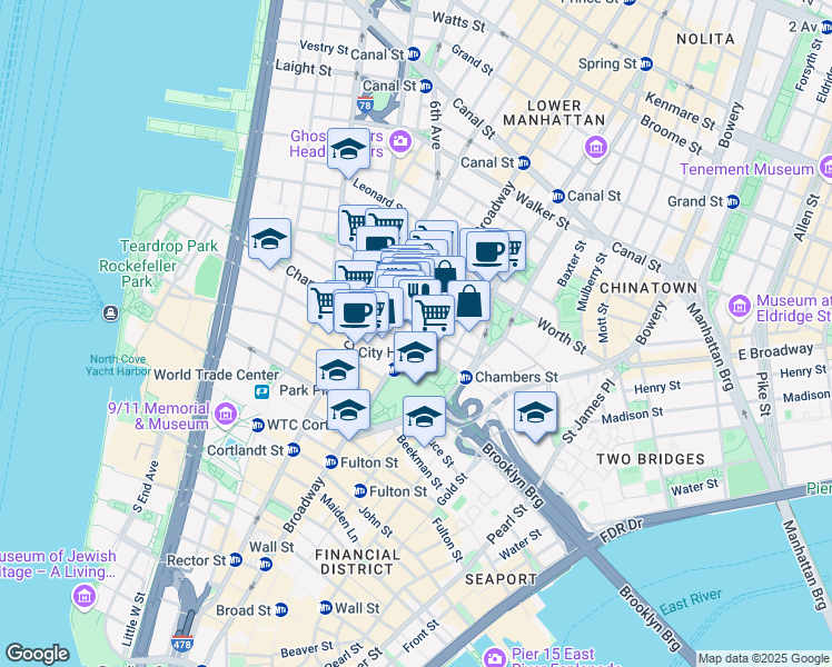 map of restaurants, bars, coffee shops, grocery stores, and more near 278 Broadway in New York