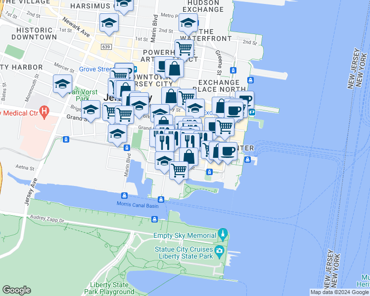 map of restaurants, bars, coffee shops, grocery stores, and more near 103 Sussex Street in Jersey City