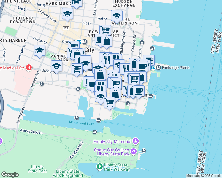 map of restaurants, bars, coffee shops, grocery stores, and more near 103 Sussex Street in Jersey City