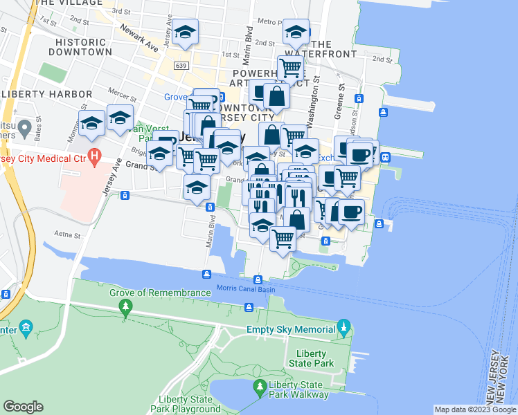 map of restaurants, bars, coffee shops, grocery stores, and more near 207 Warren Street in Jersey City
