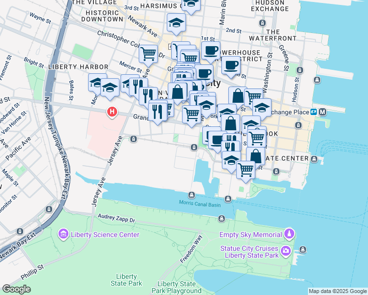 map of restaurants, bars, coffee shops, grocery stores, and more near 220 Morris Boulevard in Jersey City