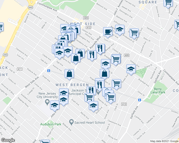 map of restaurants, bars, coffee shops, grocery stores, and more near 367 Bergen Avenue in Jersey City