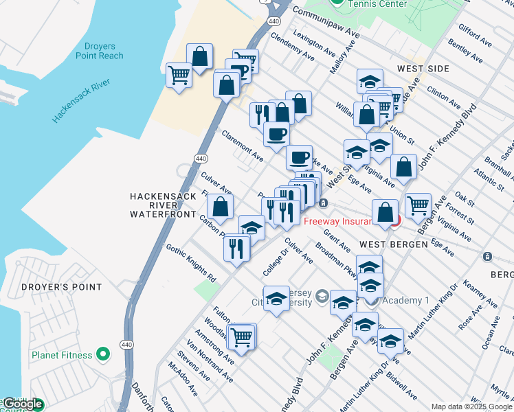 map of restaurants, bars, coffee shops, grocery stores, and more near 43 Pollock Avenue in Jersey City