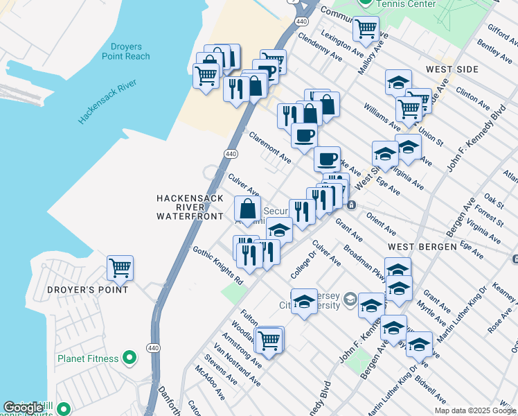 map of restaurants, bars, coffee shops, grocery stores, and more near 85 Fisk Street in Jersey City