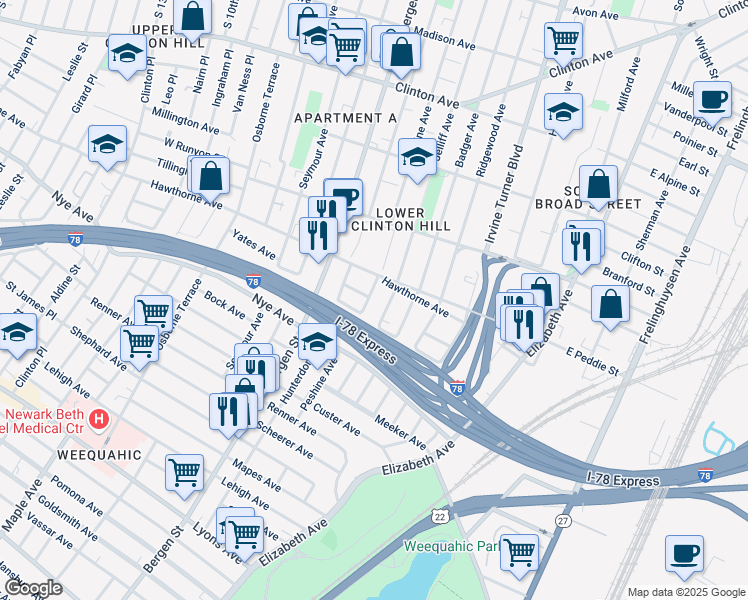 map of restaurants, bars, coffee shops, grocery stores, and more near 358 Peshine Avenue in Newark