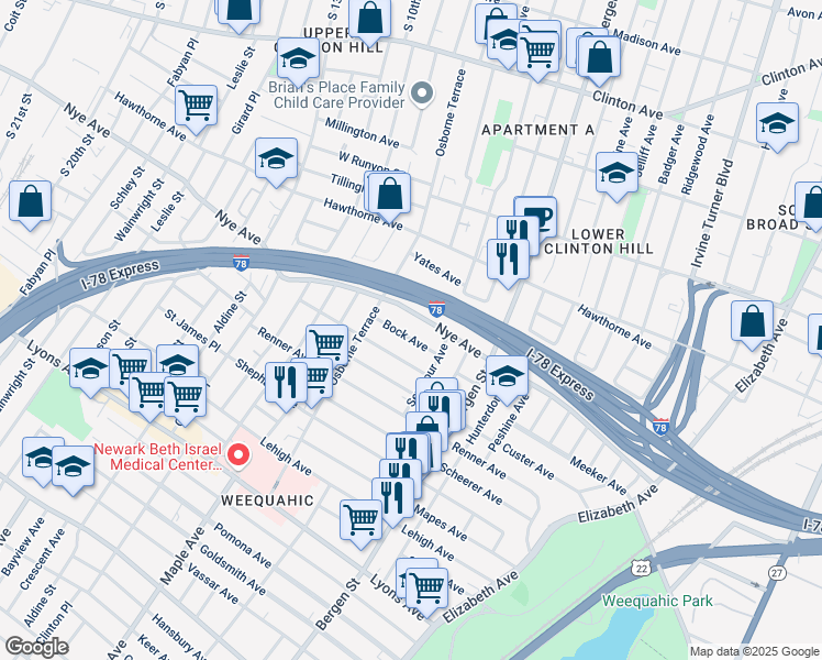 map of restaurants, bars, coffee shops, grocery stores, and more near 22 Nye Avenue in Newark